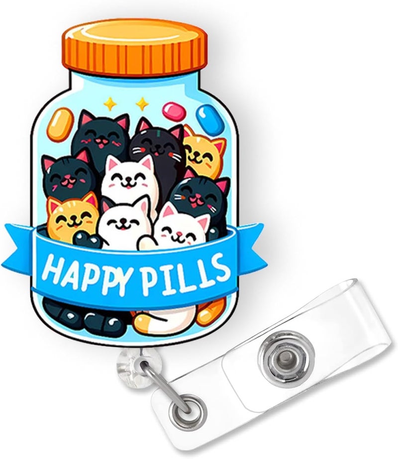 Bydevia Funny Happy Pills Cat Pharmacy Tech Badge Reel Retractable | Pharmacy Technician Badge Reel, Cute Pharmacist Gifts, Pharmacy Badge Holder with Alligator Clip & 24” Durable Nylon Cord | Acrylic - Image 1